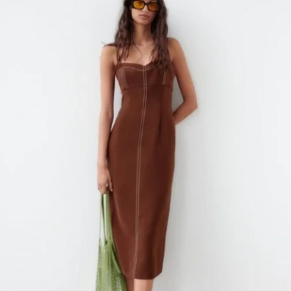 Zara Topstitched Tube Dress - Brown Size M